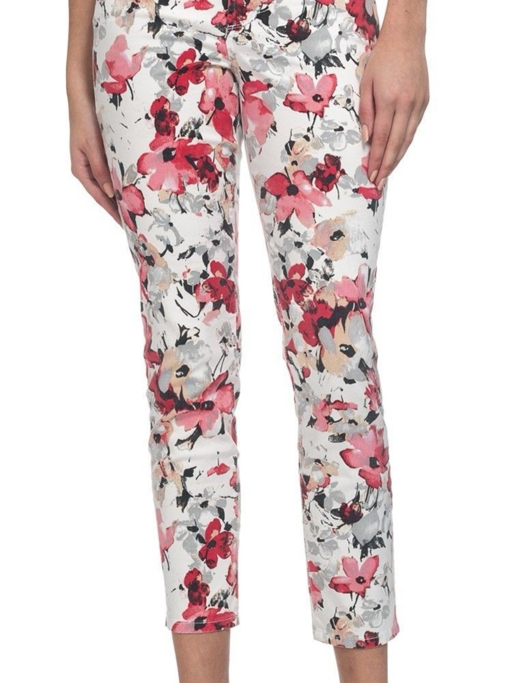 NYDJ Women's Floral Print Slim Ankle Jeans White Pink Stretch Size 12P Lift Tuck